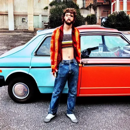 Prompt: aesthetic photo of a guy with curly hair and colored clothes holding a big black speaker in front of a raw of parked Fiat Uno 70s style hippie. Interlaced picture. Instagram post. Vintage.