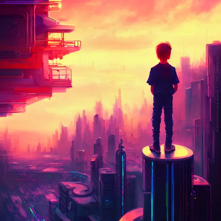 Image similar to a painting of a boy on top of a building watching a colorful sunrise futuristic city surrounded by clouds, cyberpunk art by yoshitaka amano and alena aenami, cg society contest winner, retrofuturism, matte painting, apocalypse landscape, cityscape