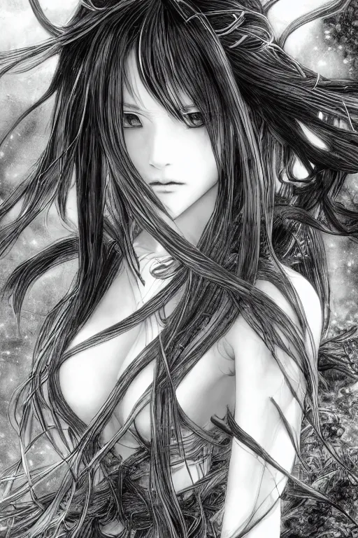 Image similar to a vertical portrait of a character in a scenic environment by Yoshitaka Amano, black and white, dreamy, (cybernetic), wavy long black hair, highly detailed