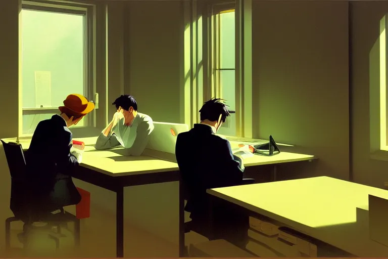 Image similar to anime key visual of three workers sitting in an office cubicle on the computer, style of jamie wyeth james gilleard edward hopper greg rutkowski acrylic painting, preserved museum piece, historical