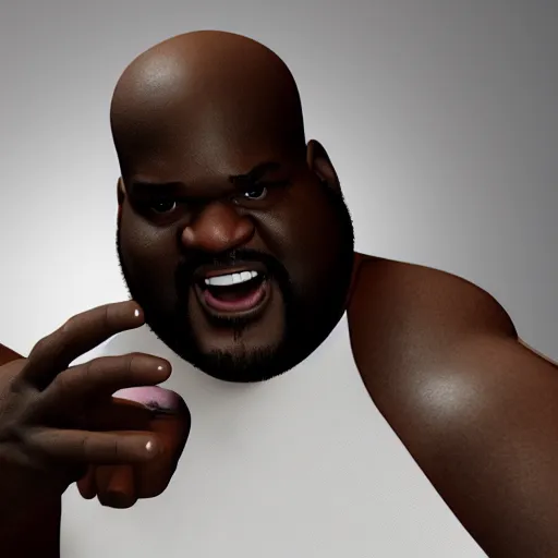 Image similar to a baby shaquille o ’ neal being held by a shocked asian man who can ’ t believe his eyes, pixar, 3 d render, artstation, unreal engine