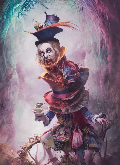 Image similar to alice in wonderland mad hatter the magician tarot card, highly detailed, cinematic, 8 k, by stanley artgermm, tom bagshaw, greg rutkowski, carne griffiths, ayami kojima, beksinski, giger, trending on deviantart, hyper detailed, horror, full of colour