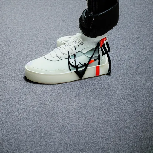 Image similar to a studio photoshoot of Nike x Off-White sneakers designed by Virgil Abloh, leather with knitted mesh material, gum rubber outsole, realistic, color film photography by Tlyer Mitchell, 35 mm, graflex