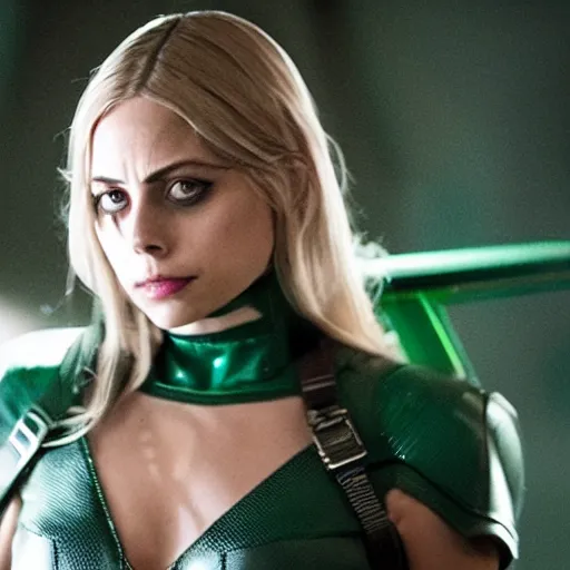 Prompt: film still of willa holland as an attractive female green arrow in the 2 0 1 7 film justice league, bleach blonde hair, focus - on - facial - details!!!!!!!!!!!!, minimal bodycon feminine costume, dramatic cinematic lighting, inspirational tone, suspenseful tone, promotional art