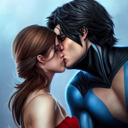 Prompt: emma watson kissing nightwing, realistic, intricate, elegant, art by artgerm and wlop