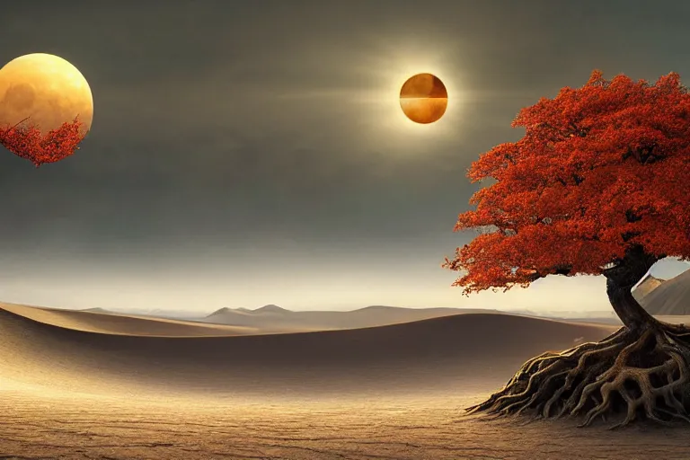 Prompt: cinematic fantasy landscape painting, an eclipse, over an autumn maple bonsai grows on a desolate sand dune in front of a primordial mountainous landscape by hr giger and jessica rossier