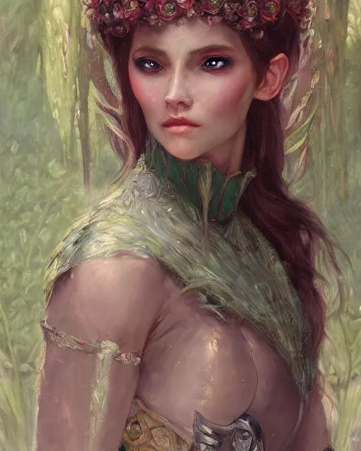 Image similar to a beautiful elf princess, oil painting, by Fernanda Suarez and and Edgar Maxence