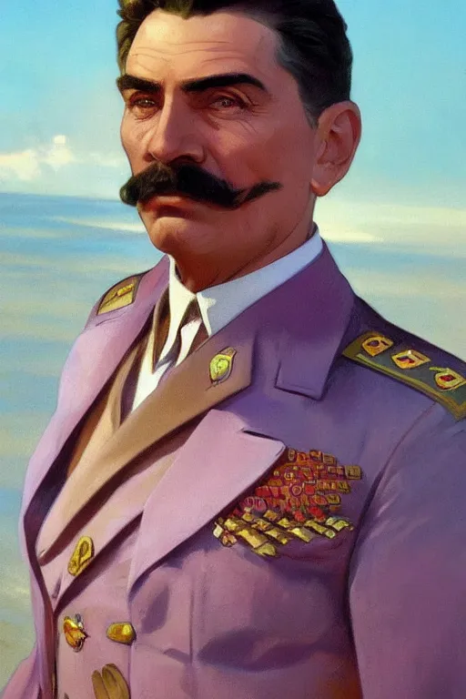 Image similar to joseph stalin luxury clothes in the beach purple sun, pink lighting ultra realistic photorealistic highly detailed high quality, a stunningly, digital painting, artstation, concept art, smooth, sharp focus, illustration, art by artgerm and greg rutkowski and alphonse mucha 8 k