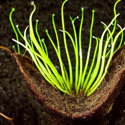 Prompt: a carnivorous plant with white needle-like teeth, photo of a plant growing showing its roots underground, plant photography