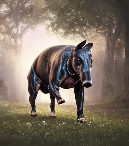 Image similar to photo of a dog tapir hybrid. dof. bokeh. magical atmosphere. art by greg rutkowski. lifelike. very detailed 8 k. intricate. soft light. nikon d 8 5 0.