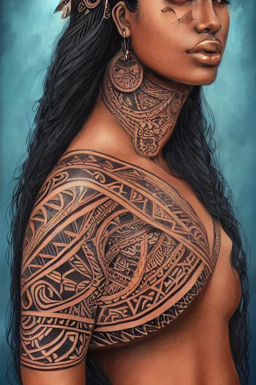 Image similar to A bust of a beautiful dark skinned Maori girl with tribal Maori tattoos and smooth eyebrows and straight hair, HD, illustration, epic, fantasy, intricate, elegant, amazing detail, digital painting, artstation, concept art, smooth, sharp focus, illustration, art by Turine Tran