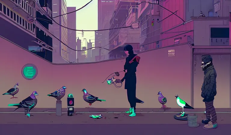 Prompt: cyborg feeding electric pigeons at a dirty crowded streetcorner, cyberpunk, by Josan Gonzalez and Tomer Hanuka bokh, dof