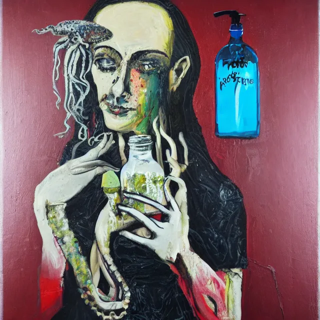 Image similar to a portrait in a dark apartment, a widow holding an octopus, milk, berries, broken bottles, metaphysical, neo - expressionism, surrealism, acrylic and spray paint and oilstick on canvas