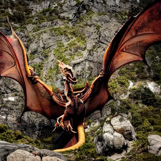 Prompt: photo of dragon under a mountain