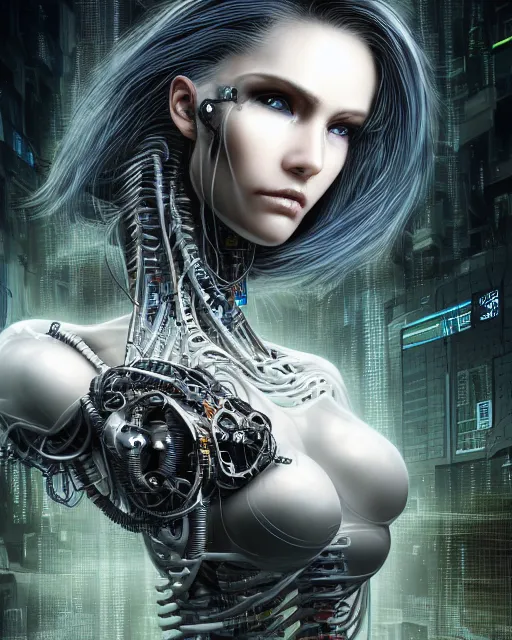 Image similar to portrait photo of an aesthetic biomechanical cyborg plugged into a quantum computer with cables and wires and optic fibers. cyberpunk horror style. art by luis royo. highly detailed 8 k. intricate. nikon d 8 5 0 5 5 mm. award winning photography.