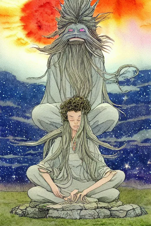 Image similar to a hyperrealist studio ghibli watercolor fantasy concept art of a giant long haired grey witch in lotus position sitting on top of stonehenge with a starry sky in the background. a ufo is in the sky. by rebecca guay, michael kaluta, charles vess