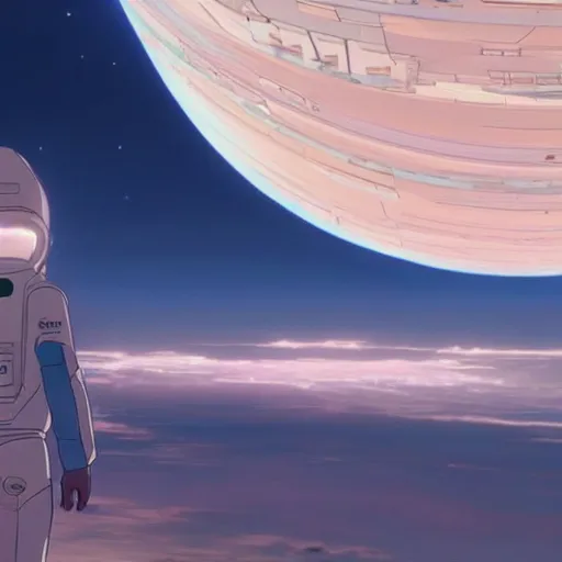 Prompt: a spacecraft moving towards earth by moebius and makoto shinkai, cinematic composition