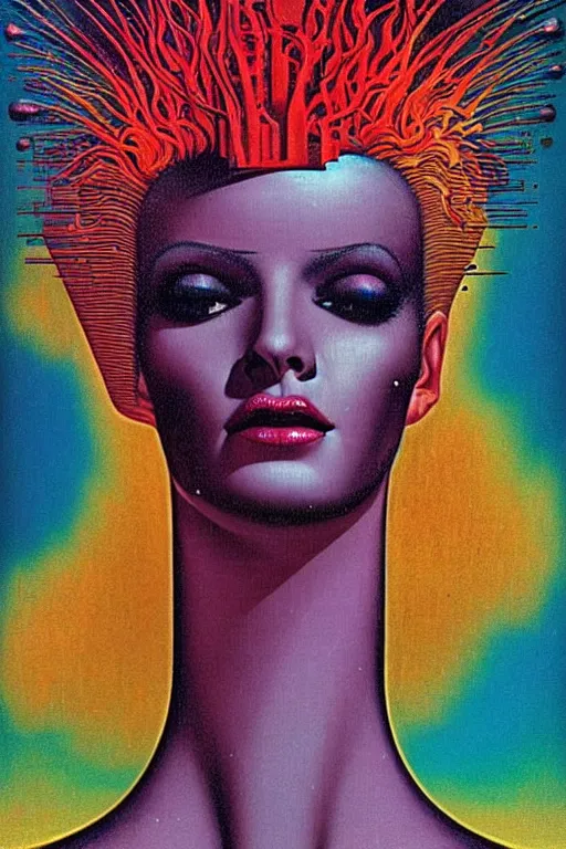 Image similar to 8 0 s art deco close up portait of miss of the world, rain like a dream oil painting curvalinear clothing cinematic dramatic cyberpunk textural fluid lines otherworldly vaporwave interesting details fantasy lut epic composition by basquiat zdzisław beksinski james jean artgerm rutkowski moebius francis bacon gustav klimt