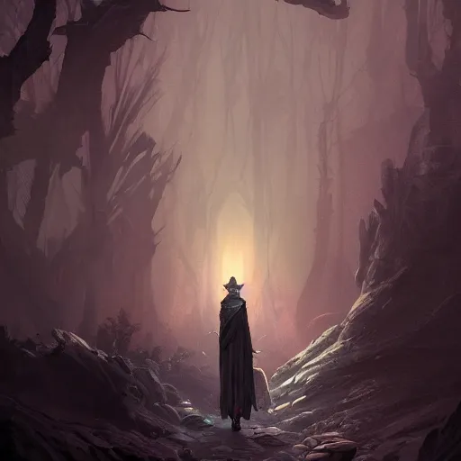 Image similar to black hallow retro mage walking on a dead world digital painting, artstation, concept art, soft light, hdri, smooth, sharp focus, illustration, fantasy, intricate, elegant, highly detailed, D&D, matte painting, in the style of Greg Rutkowski and Alphonse Mucha and artemisia, 8k, highly detailed, jurgens, rutkowski, bouguereau, pastoral, rustic, georgic