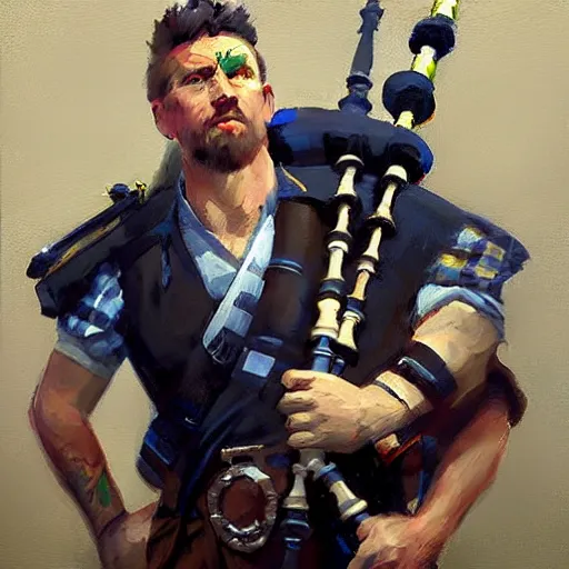 Prompt: greg manchess portrait painting of scottish man playing the bagpipesr overwatch character, medium shot, asymmetrical, profile picture, organic painting, sunny day, matte painting, bold shapes, hard edges, street art, trending on artstation, by huang guangjian and gil elvgren and sachin teng