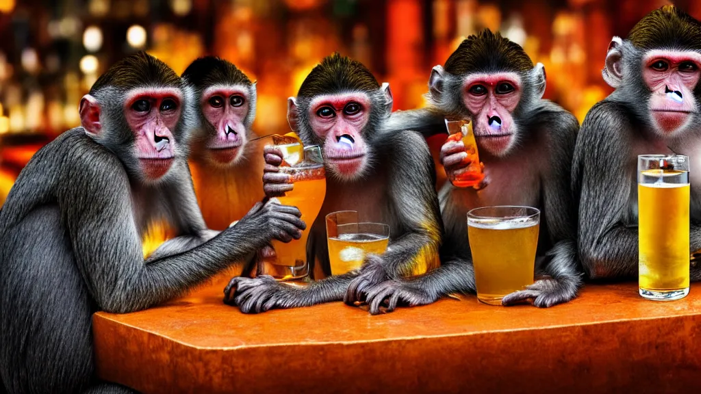 monkeys drinking alcohol, inside a bar, vibrant | Stable Diffusion