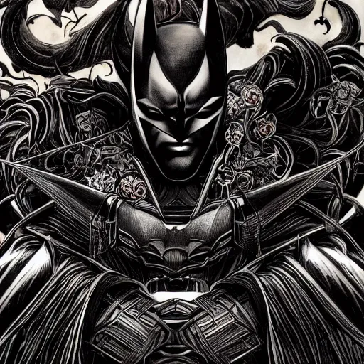 Prompt: black matte metal samurai batman batman batman android, ((dark fantasy)), dark, moody, broody, evil :: by Martine Johanna and and (Chie Yoshii) and Casey Weldon and Guillermo del toro :: ornate, dynamic, particulate, rich colors, intricate, elegant, highly detailed, centered, artstation, smooth, sharp focus, octane render, 3d