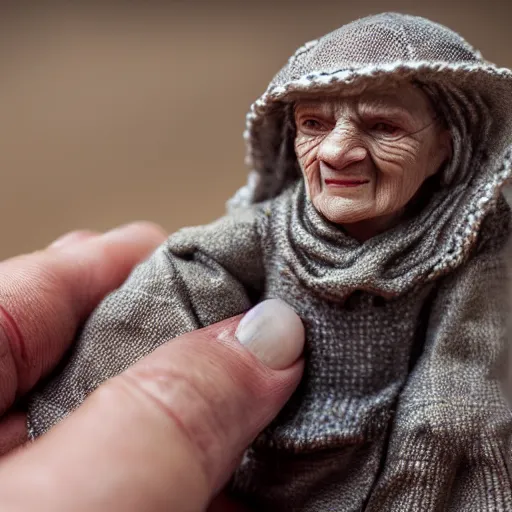 Image similar to miniature ancient old woman in palm of giant hand, short dof, macro photo, tiltshift, cutest, large head, tiny body, hyper realistic, minutely detailed, 8 k