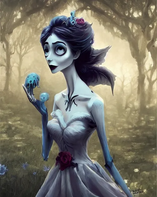 Image similar to elegant mysterious gracious undead victoria everglot from the corpse bride, portrait, illustration, the land of the death, skeletal hand, rim light, top light, summer clear blue sky, perfectly shaded, soft painting, art by krenz cushart and wenjun lin