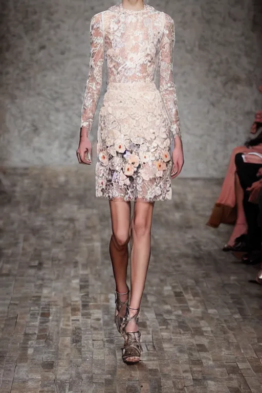 Image similar to valentino 2 0 1 3 spring floral, lace, block patterned, cybernetic avant garde fashion, sheer dress, short skirt, natural outdoors