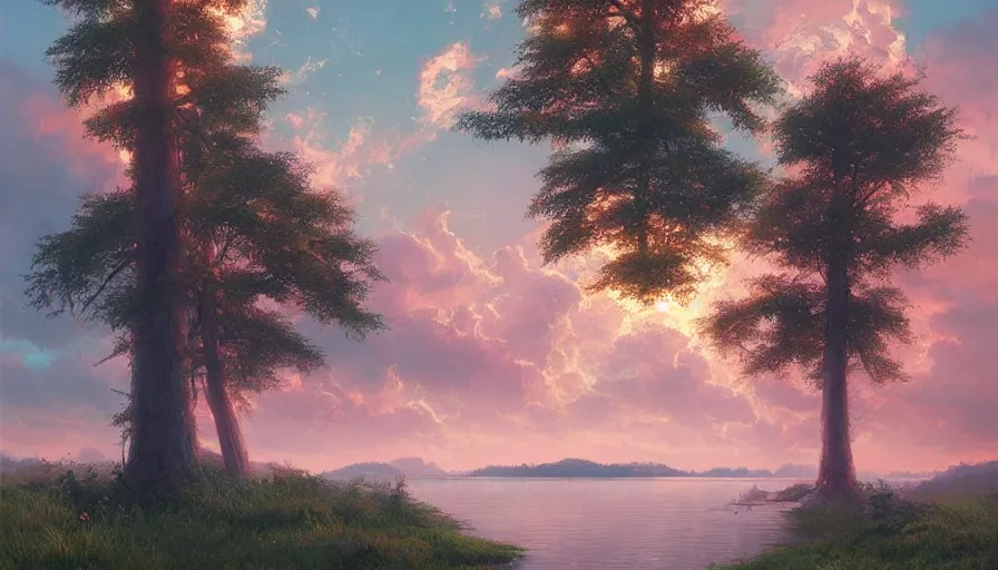 Image similar to tall lush evergreen trees beside a beautiful lake, pink clouds backlit by yellow sun, aesthetic, by greg rutkowski, featured on artstation, wide angle