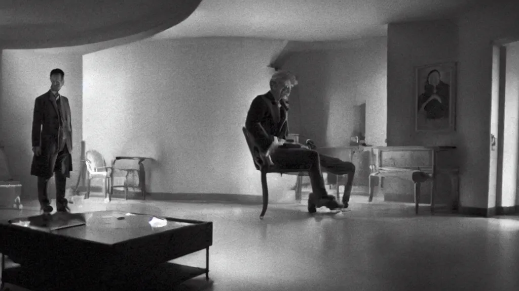 Image similar to an mri slice of james cavell in the living room, film still from the movie directed by denis villeneuve with art direction by salvador dali, wide lens