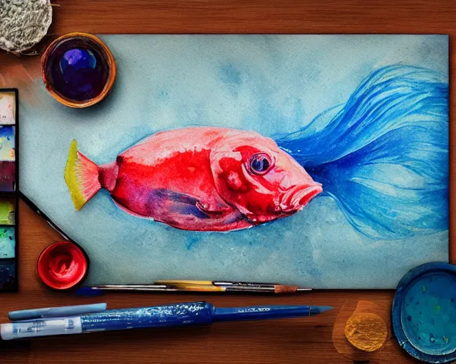 Image similar to an innocent and beautiful scene in hyper realistic style, watercolor and pen oily drawing on wood, of a smadar lomnitz painting a huge colorful fish on the wall, lighting from the barred window. shadows. 4 k. wide angle. wild mood. red mouth, blue eyes. deep focus, lovely scene. ambient occlusion render. unreal engine.