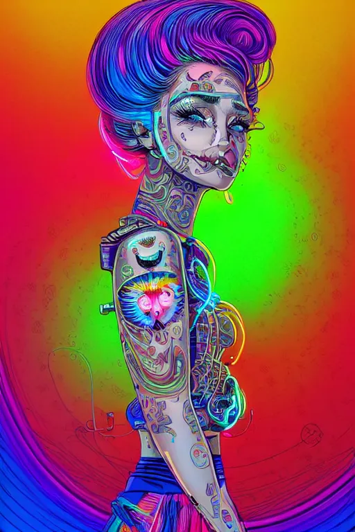 Image similar to a award winning portrait of a beautiful woman with stunning eyes in a one off shoulder croptop and cargo pants with rainbow colored hair, outlined by whirling illuminated neon lines and fine lines swirling in circles by joe fenton, digital art, trending on artstation