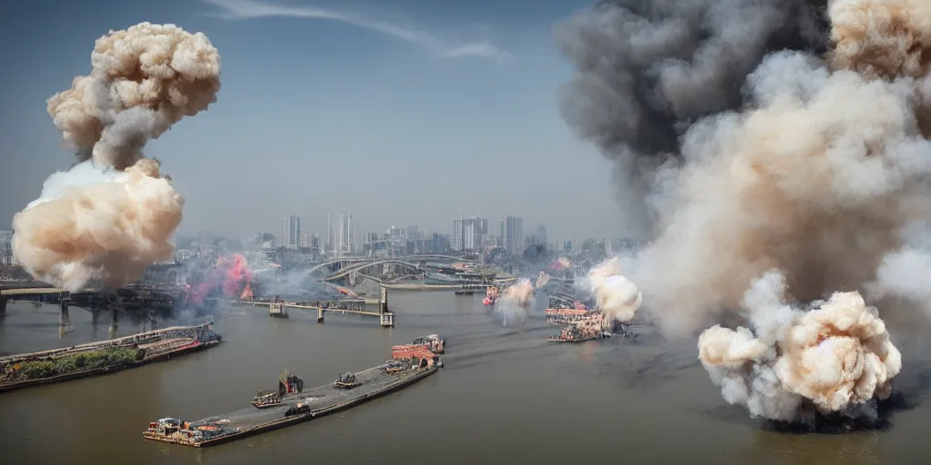 Image similar to extremely beautiful day time photograph of smoke clouds in the style of cai guo - qiang, muted soft colors, chinese paintings, colored smoke clouds, river and city, the sky is gray, landscape, chinese artist cai guo qiang, explosion, explosive, art, fine art, hd, very very beautiful