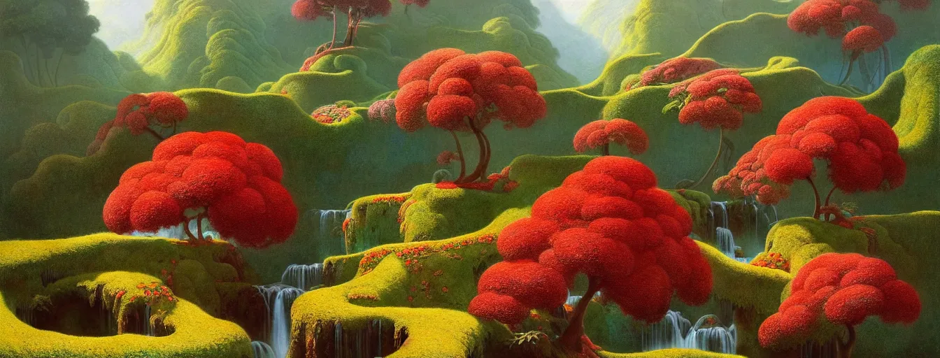Image similar to a gorgeous very early spring series of lush islands separated by flower - lined streams, twisted gardens, flowers, fern fronds, all red, painting by barlowe wayne maxfield parrish and marco mazzoni. tree no leaf!!!! china mountain village!! very little light verdancy. ultra clear detailed. 3 d, octane render