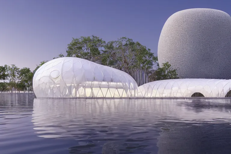 Prompt: a building formed by the combination of many white spherical and egg shaped circular spaces. on the calm lake, people's perspective modern curved architecture, future, wood, marble, metal award winning, highly detailed 4 k art, dusk, unreal engine highly rendered, global illumination, radial light, internal environment by kazuyo sejima