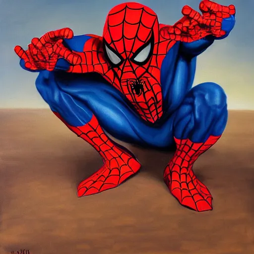 Image similar to spiderman kneels, praying to spider god, oil painting