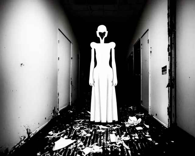 Image similar to creepy mangled woman wearing white dress standing in the backrooms, the eerie forlorn atmosphere of a place that's usually bustling with people but is now abandoned and quiet, buzzing fluorescent lights above the ceiling, unsettling images, liminal space, dark,