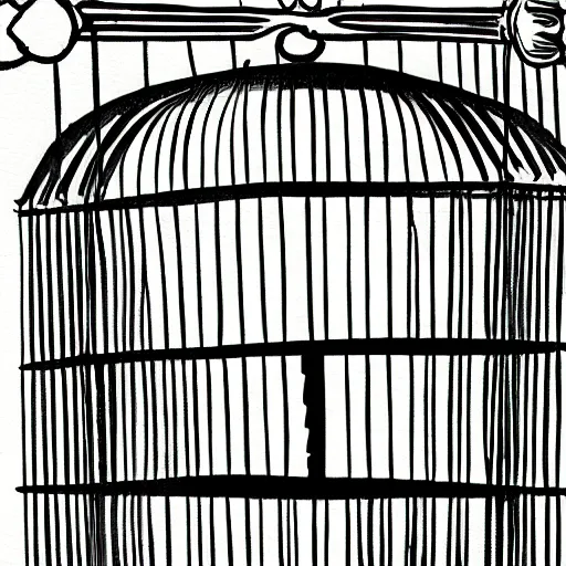 Prompt: a painting of a bird in a cage, black and white