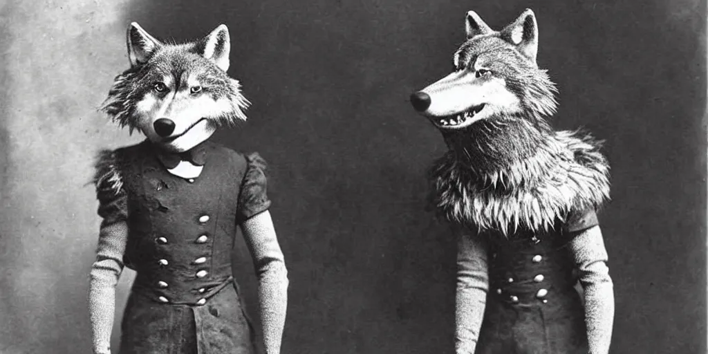 Image similar to anthropomorphic furry wolf in suit of armor, 1900s photograph