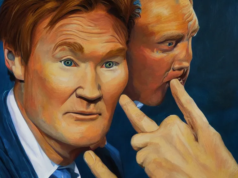 Image similar to portrait of conan o'brien with an hand on his chin, painting by jose malhoa, high detail, high resolution