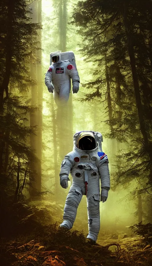 Image similar to american astronaut in the forest wearing a designer suite, plants environment wide angle cinematic lighting atmospheric realistic octane render highly detailed, octane render, in the style of craig mullins