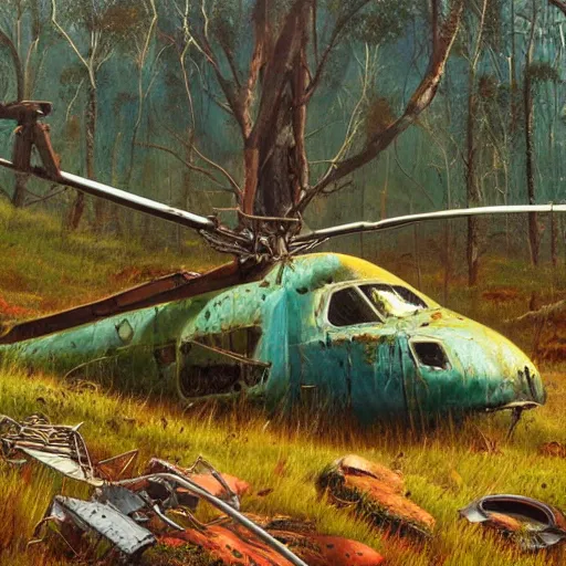 Prompt: hyper realistic painting of an australian landscape an abandoned crashed rusted helicopter is half buried under the ground covered with moss. by _ simonstalenhag