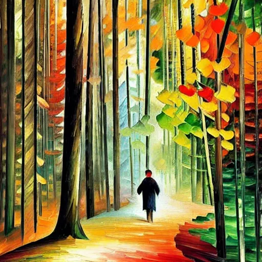 Prompt: a person walking through a forest, art by ivan bilibin and giacomo balla and ( ( leonid afremov ) ),