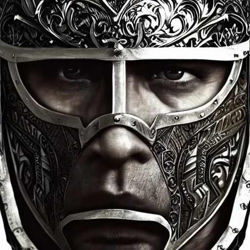Prompt: joe rogan wearing knight armor, hyper realistic, close up, symmetrical, 4 k, highly ornate intricate details,