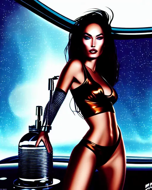 Image similar to closeup beautiful retro space megan fox varga girl, posing on a chrome space ship in diesel punk city, windblown dark hair, seductive, hyper detailed, digital art, smooth, sharp focus,