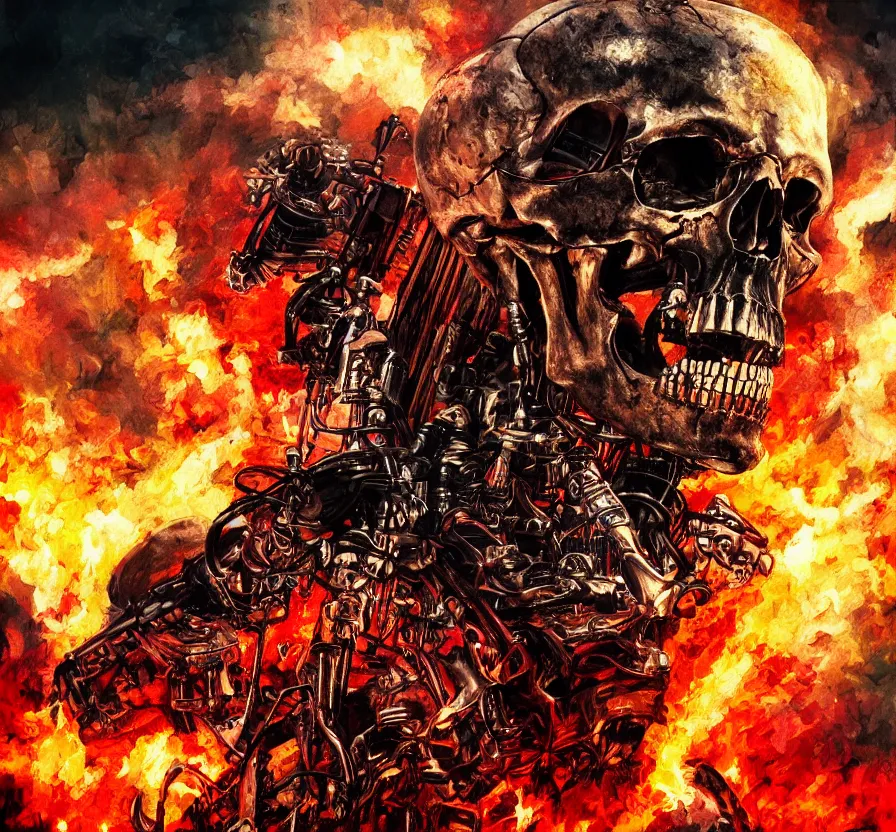 Prompt: terminator skull on flaming town, background, acrilic paint, digital, artstation, detailed, intricate, ink, illustration, heavenly atmosphere