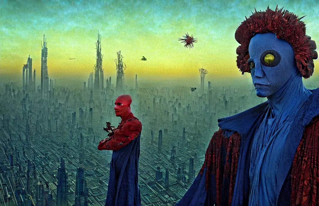 Image similar to realistic detailed portrait movie shot of a birdman wearing dark ragged robes, futuristic city sunset landscape background by denis villeneuve, amano, yves tanguy, alphonse mucha, ernst haeckel, max ernst, roger dean, ridley scott, rich moody colours, blue eyes