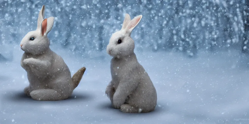 Image similar to white rabbit wearing a fedora chilling in the snow, digital art, realistic, 4K