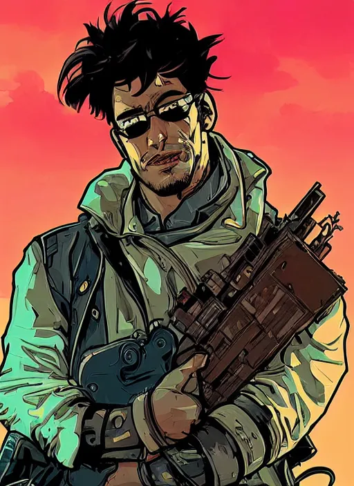 Prompt: hector. cyberpunk mercenary with scenic background. portrait illustration, pop art, art by ashley wood, alphonse mucha, laurie greasley and josan gonzalez. cinematic. beautiful lighting. realistic proportions